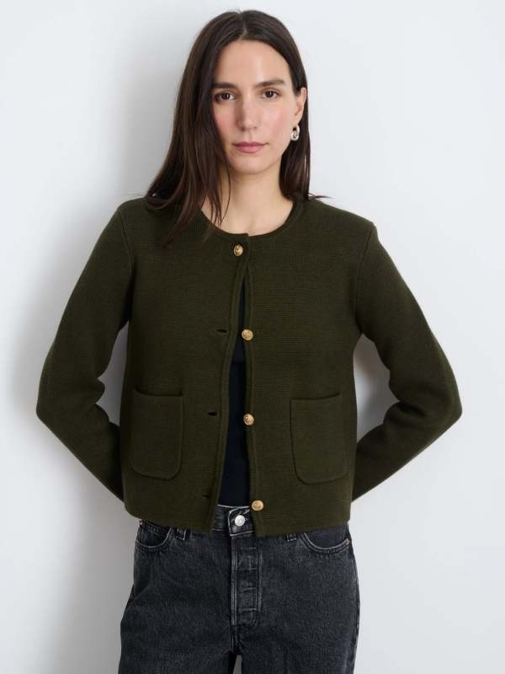 Alex Mill Olive Green Knit Round-Neck Jacket with Gold Buttons